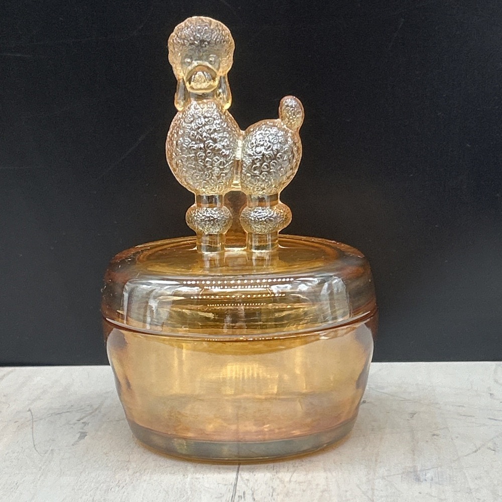 Vintage Jeannette Glass Iridescent Peach Luster Poodle Powder Jarπ©